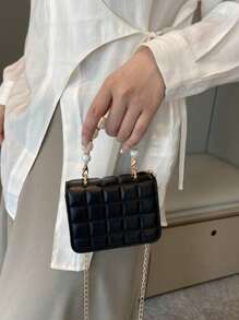 可爱时尚珍珠纹理手提包零钱包斜挎包外出手提包小方包 - 黑色 - 查看 1