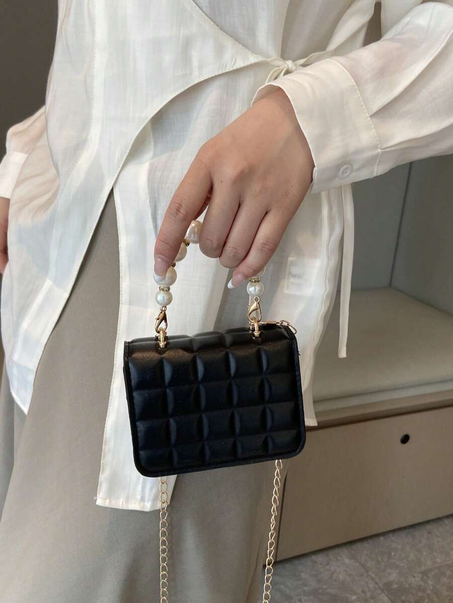 可爱时尚珍珠纹理手提包零钱包斜挎包外出手提包小方包 - 黑色 - 查看 1