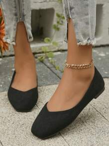 Export Size 35-43 Fashionable Square Toe Women Flat Shoes, Lightweight & Comfortable Black Suede Casual Outdoor Flat Shoes For Women, Spring/Summer - Black - View 3