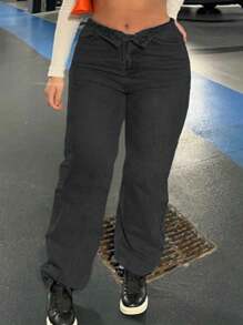 Large Size Women's Denim Jeans - Wide Leg Loose Mid Waist Boyfriend Jeans, Y2K Style Denim Pants - 黑色 - 查看 4
