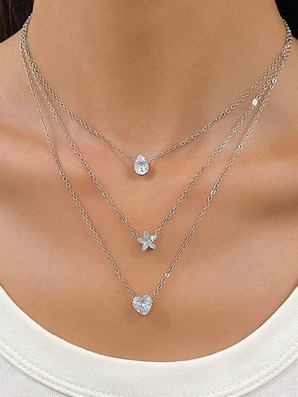 Europe And The United States Wind, Silver, Luxury Senior Sense Of Necklace, Water Drop, Stars, Love, Crystal, Pendant Necklace, Collarbone Chain Female, With Bridal Dresses,Costume Jewelry For Women,Layered Necklaces For Women,Necklaces For Women ,Dainty Necklace ,Stacked Necklaces For Women,Mother's Day Gift