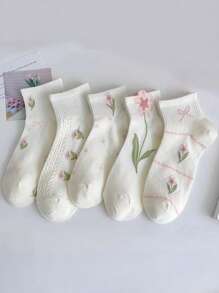 5 pares de calcetines de mujer para primavera y verano, con diseño de flores de tulipán y estilo simple y moderno, suaves, transpirables y con absorción de sudor, para uso diario y deportivo de corta longitud