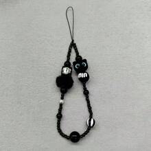 Monster Cat Black Short Lanyard Beaded Camera Wrist Strap Pendant Necklace Mobile Phone Chain Accessories Gifts For Mother, Family, Friends, Birthday, Holiday Phone Charm