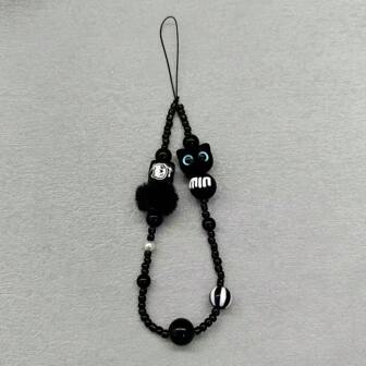 Monster Cat Black Short Lanyard Beaded Camera Wrist Strap Pendant Necklace Mobile Phone Chain Accessories Gifts For Mother, Family, Friends, Birthday, Holiday Phone Charm