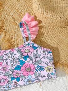 Set de 3 piezas de traje de baño floral para niñas para nadar, actividades al aire libre y ocio - Rosa vieja - Ver 4