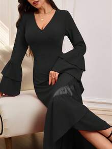 Vestido feminino com decote em V e babados na bainha com mangas compridas, vestido elegante de cintura alta, nova chegada primavera/verão - Preto - Ver 3