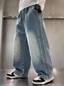 Jeans coupe droite pour garçons adolescents, pantalon en jean décontracté bleu pour garçons adolescents au printemps et en automne