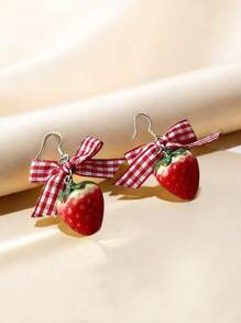 1 Pair Cute Strawberry Cake Stud Earrings, Lovely Girl Earrings, Sweet Bow New Design Earrings For Women, Boucle D'oreille Jewelry Women Bohemia (Handmade Bow & Strawberry May Have Minor Defects On Surface, Normal)