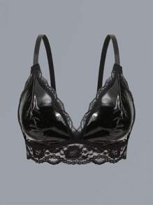 大码女式镜面 PU 皮革与撞色蕾丝性感百搭文胸 - 黑色 - 查看 1