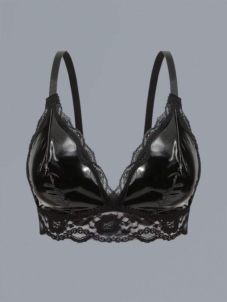 大码女式镜面 PU 皮革与撞色蕾丝性感百搭文胸 - 黑色 - 查看 1