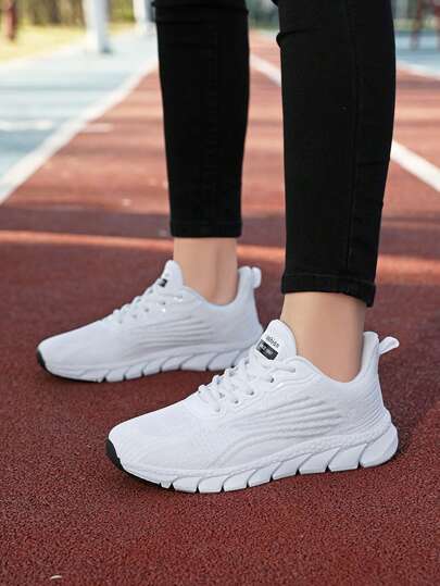 1 Pair Women's Casual Walking Sneakers, White Knit Upper Breathable Lightweight Tennis Shoes For Workout Exercise