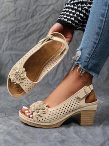 Women's Vintage High Heel Sandals With Flower Decor, Hollow-Out Breathable Upper, Adjustable Metal Buckle, Street Style, Khaki Color, Platform Peep-Toe Open Toe High Heels, Summer - Khaki - View 9