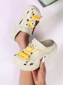 New Summer Fashion Women Cute Perforated Sandals With Cartoon Pendant, Round Toe Thick Bottom Breathable Slippers, Suitable For Outdoor Vacation Beach Wear, Khaki - Khaki - View 2