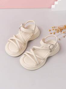 1 par de sandalias planas para niños, sandalias de niña de moda color beige con correa calada, suela suave y cómoda, nuevo estilo de verano