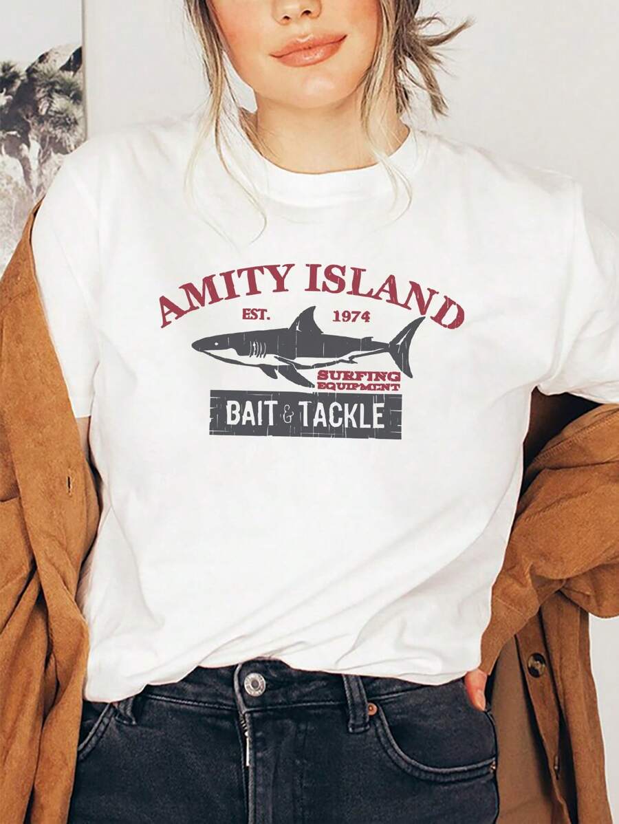 Great White Shark  Graphic Print T-Shirt, Short Sleeve Round Neck Casual Women's Top For Summer And Spring, Women's Clothing - 白色 - 查看 1