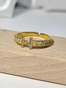 1pc European And American Design Style H-Letter Diamond Inlaid Ring For Women With Cold And Indifferent Style Open Ring - Silver - View 3