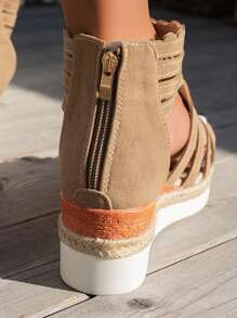 Sandal đế xuồng kiểu La Mã dệt bằng rơm, họa tiết hình học, màu mơ, thích hợp cho kỳ nghỉ hè. - Màu be - Xem 7