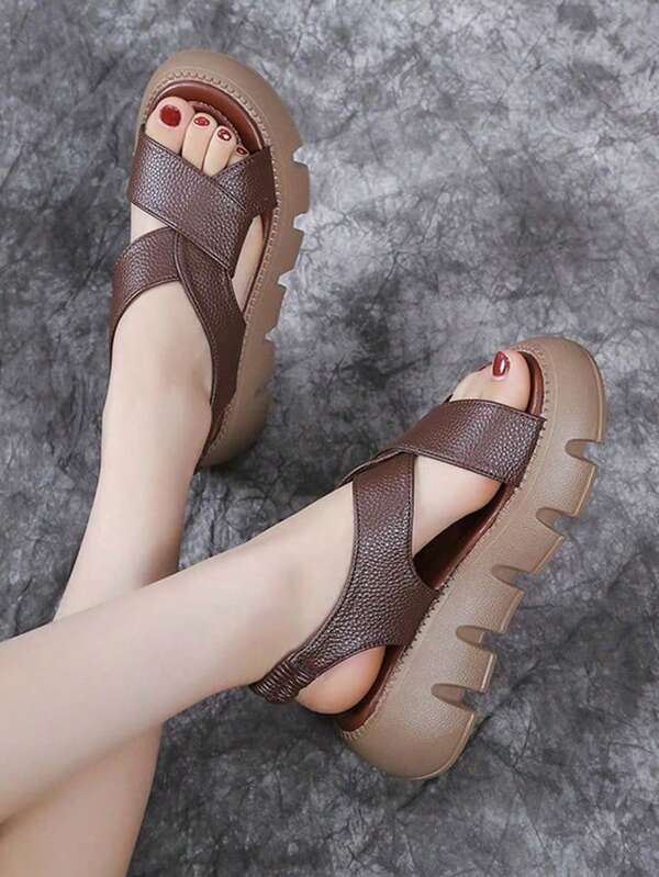 Sandale plate pentru femei cu bandă elastică, fund gros, pantofi de vară în stil roman cu platformă versatilă