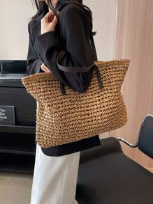 1 Pc New And Casual Summer Vacation Style With A Large Capacity Foldable Solid Color Woven Tote Bag For Women's Beach Bags Suitable For Outdoor Leisure Vacation&Seaside Travel&Tourism And Shopping - Khaki - View 2