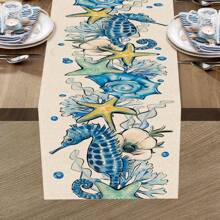 1 pièce Chemin de table d'été de style côtier, hippocampe, coquillage, étoile de mer, anémone de mer, fleur de jute. Décoration de cuisine, décoration de maison nautique de printemps, intérieur et extérieur, fournitures de fête