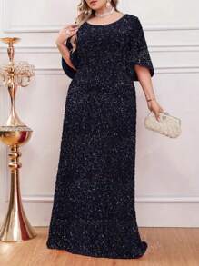Plus Elegant Sequin Dress With Round Neck And Half Sleeves For Evening Parties, Sequin Formal Dress, Party Dress, Wedding Guest Dress, For Cocktail