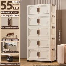 Foldable Multi-Tier Storage Box, Double Door Storage Cabinet For Clothes, Books, Snacks In Bedroom, Living Room, Cream Color
