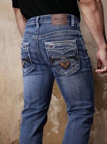 Customized Elastic Embroidered Denim Jeans - Medium Wash - View 10