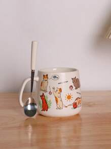 1 pieza Taza cerámica con forma de gato linda y práctica para el hogar y la oficina, patrón aleatorio, para café o leche, de vuelta a la escuela - Blanco - Ver 8