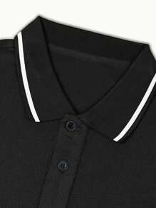 男士短袖纽扣领衬衫，适合高尔夫、网球和户外休闲运动，时尚 Polo 衫上衣 - 黑色 - 查看 7