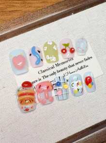 10 sztuk ręcznie robionych, przenośnych sztucznych paznokci, ręcznie malowanych, kreskówkowych, 3D, makaronikowych, graffiti, prasowanych paznokci, krótkich, gradientowych, prasowanych paznokci, uroczych, prasowanych paznokci, krótkich, pocałunkowych, malowanych ręcznie, krótkich paznokci, minimalistycznych wzorów, sztucznych paznokci z pełnym pokryciem, paznokci Y2K, unikalnych, kreatywnych, sztucznych paznokci, promocyjnych, codziennych paznokci, wielokrotnego użytku, codziennych paznokci dla kobiet i dziewcząt do użytku na przyjęciach i kolacjach, wielokrotnego użytku