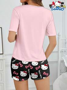 Sanrio 2 pezzi Pigiama da donna Hello Kitty di Sanrio, con stampa a fiocco e lettera, top a maniche corte e pantaloncini corti