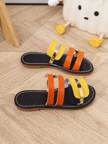 1 Double Learning Girls PU Open Toe Round Toe Flat Slippers, Light Casual Roman Sandals Suitable For 3-15 Years Old Baby Girls, Fashion Cute Color Contrast Design, Spring And Summer New Suitable For Outdoor Beach - Yellow - View 6