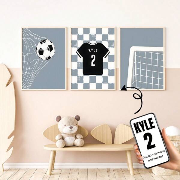 3pcs/Set Custom Soccer Wall Art, Personalized Soccer Prints, Sport Nursery, Wall Art Soccer, Soccer Jersey, Soccer Decor, Custom Name, Jersey Name Wall Art For Bedroom, Living Room, Hallway, Ideal Gift, Modern Style, Vertical Orientation, Rectangular Shape, Optional Frame