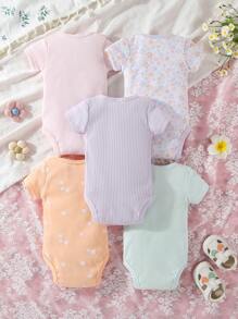 Conjunto de 5 peças de macacão rosa de manga curta para bebê recém-nascido