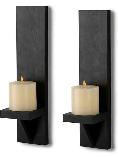1/2pcs Rustic Wooden Wall Candle Sconce, Farmhouse Style Wall Mounted Pillar Candle Holder, Black Farmhouse Wall Candle Sconce, Vintage Wall Candle Holder For Living Room Decor, Wedding Wall Decor Shelf, Crystal Display Rack, Autumn Decor Shelf For Home, Bedroom, Living Room, Kitchen, Bathroom, Suitable For Christmas, Halloween Wall Decor