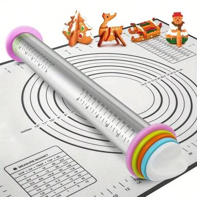 1pc Stainless Steel Adjustable Thickness Rolling Pin, Multi-Purpose Rolling Pin With Thickness Ring, Suitable For Baking Dough, Pizza, Pastry, Pasta - Great For Christmas, Halloween, Easter, Thanksgiving, Mother's Day