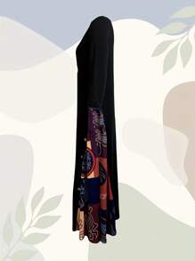 春夏新款休闲七分袖加大码中长连衣裙，带口袋的花卉拼布，女式连衣裙