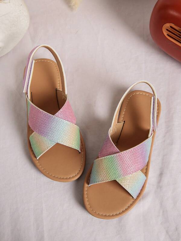 1 Pair Girls Colorful Breathable Flat Hook And Loop Princess Sandals, Suitable For Summer
