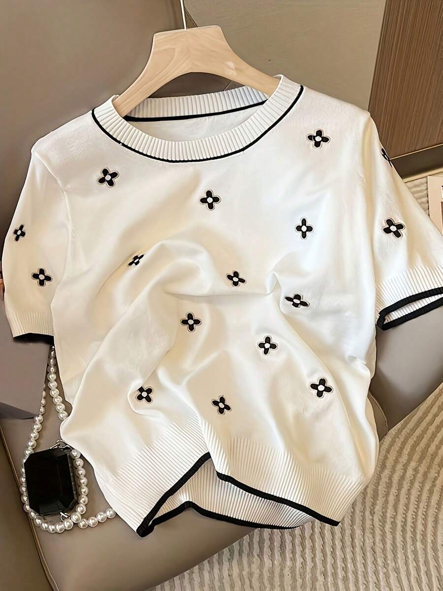 New Knit Versatile Short Sleeve Top, Casual Minimalist Loose Fit Round Neck Embroidered Lightweight