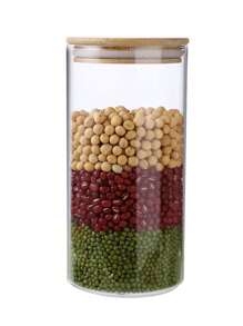 家用玻璃储物罐带竹木盖，直筒玻璃罐，用于谷物、干粮、茶叶，密封、防潮 - 彩色 - 查看 7