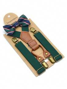 2pcs Solid Color Suspender & Bow Tie Set, Universal Solid Color Y-Shape Suspender & Bow Tie 2 Pieces Set