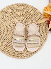 1 双婴儿珍珠亮片编织公主风格软底可爱凉鞋，夏季 - 杏色 - 查看 4