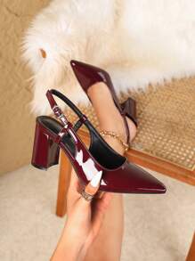 Women's Patent Leather Burgundy Pointed Toe Chunky Heel Pumps, Elegant Pointed Toe Formal High Heels, Fashion Ankle Strap High Heels - Burgundy - View 1