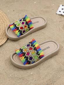 Girls' Thick Bottom Slip-On Braided Multi-Color Plush Design Beach Sandals, Non-Slip Comfortable With Everything - Multicolor - View 2