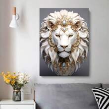 1pc, Animals Posters, White Lion Wall Arts, Golden Luxury Jewelry And Lions Decorative Painting, For Porch, Living Room, Office, Kitchen, Home Wall Decor, Gifts For Friends, No Frame Birthday Graduation