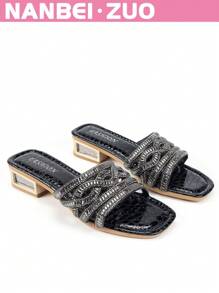 NANBEI ZUO NANBEI.ZUO Plus Size Women's Black Square Toe Hollow-Out Sparkling Rhinestone Decor Mid-High Heel Sandals, Fashion Minimalist Stylish High Quality Versatile Street Chic European And American Style Slip-On Comfortable Breathable Sandals For Commuting, Indoor, Outdoor, Party, Date, Holiday
