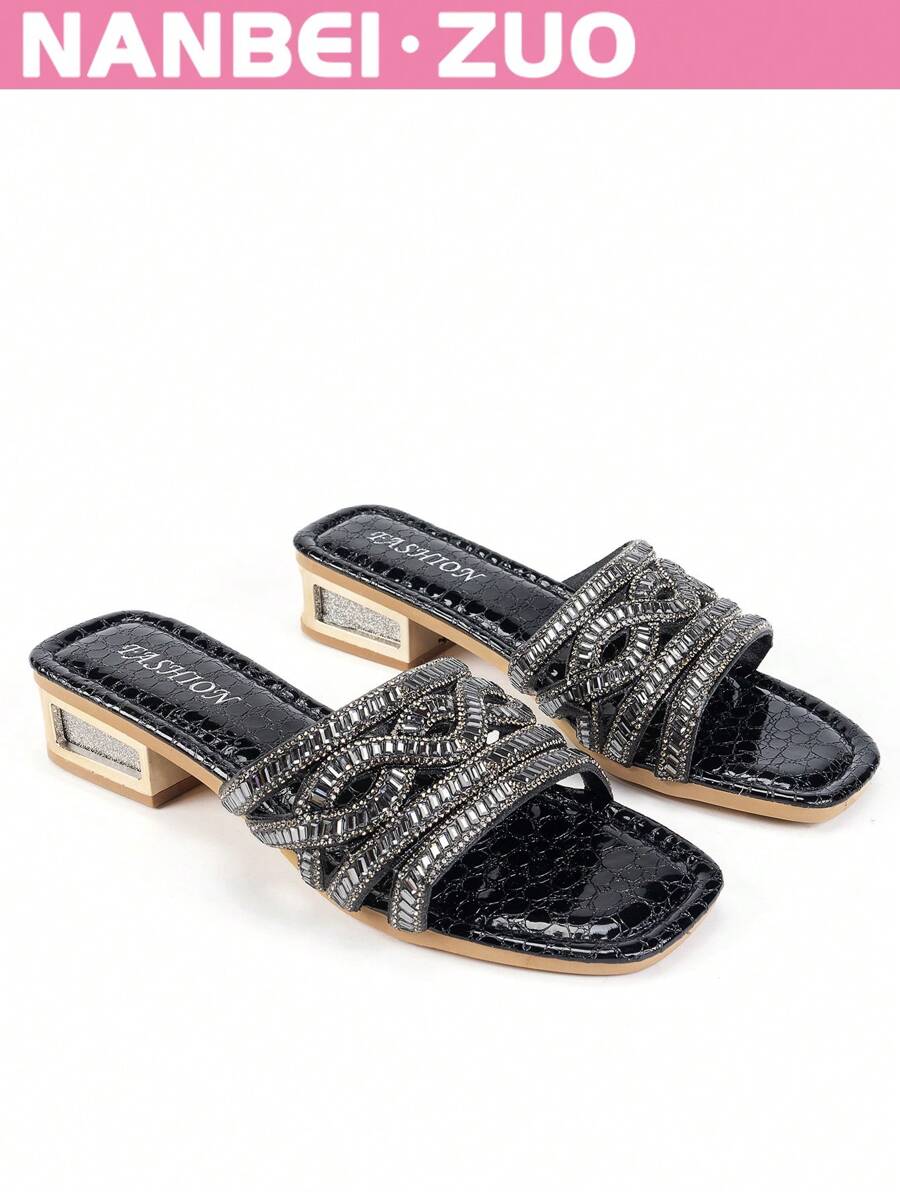 NANBEI ZUO NANBEI.ZUO Plus Size Women's Black Square Toe Hollow-Out Sparkling Rhinestone Decor Mid-High Heel Sandals, Fashion Minimalist Stylish High Quality Versatile Street Chic European And American Style Slip-On Comfortable Breathable Sandals For Commuting, Indoor, Outdoor, Party, Date, Holiday