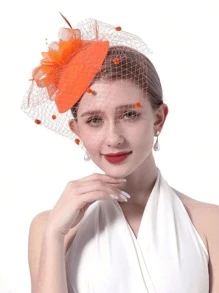 1pc Flower Feather Hair Accessory, Vintage Bridal Headpiece With Face Covering Net For Women's Party Gathering, Elegant Decoration Hat - Multicolor - View 2