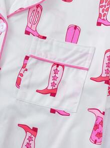 Marira 2pcs Women Boot Print Pajama Set, Short Sleeve Button-Up Shirt Collar Top And Elastic Waist Shorts, Casual Loungewear Sleepwear For Holiday Party, Home & Outdoor Use All Season - White - View 5