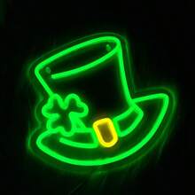 Threan 圣帕特里克节霓虹灯帽子三叶草灯装饰 LED 绿色幸运帽霓虹灯三叶草灯 USB 壁吧客厅窗户装饰春季派对家居卧室艺术礼物